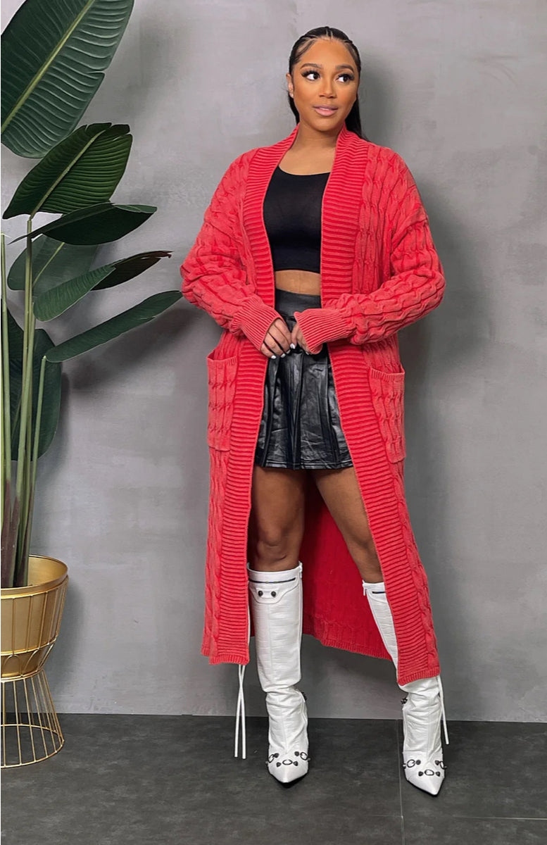 Long red best sale cardigan outfit