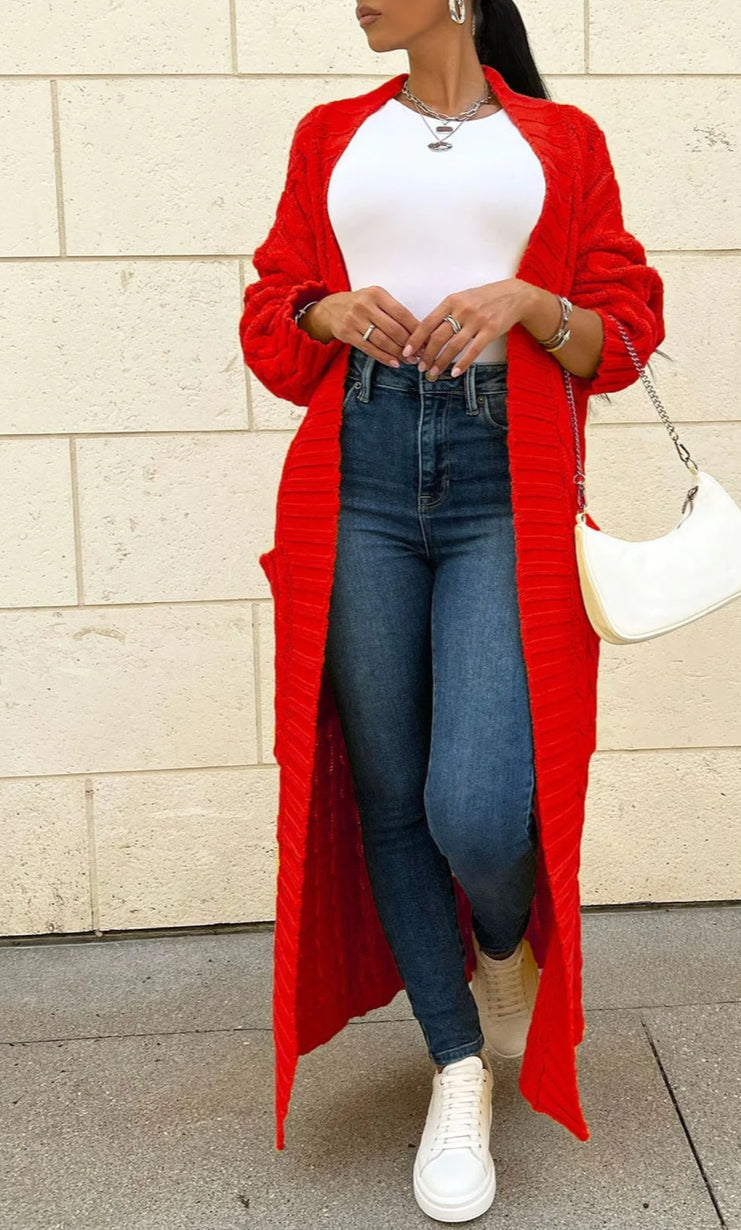 Red Radiance Oversized Cable Knit Cardigan